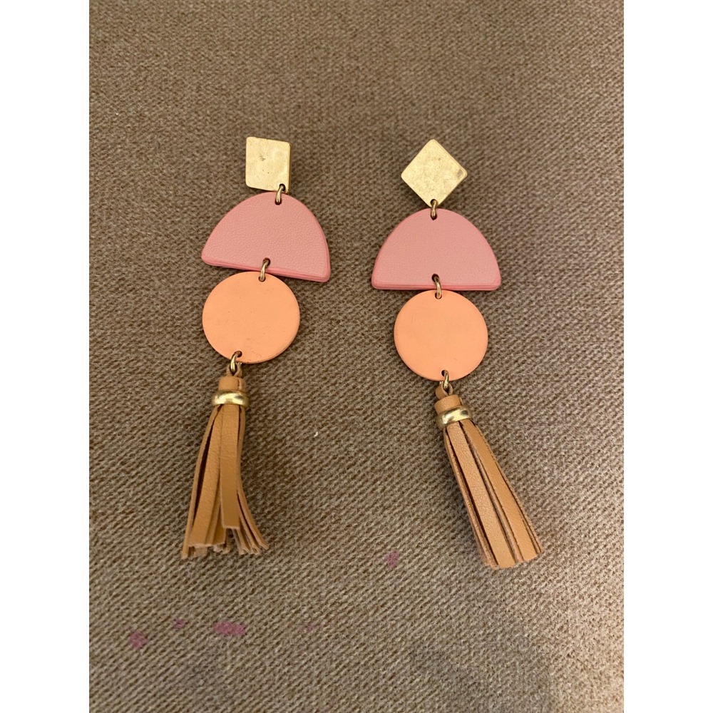 Lucky Brand Tassel Drop Earring Pink Peach Faux Leather Gold Tone Boho Statement